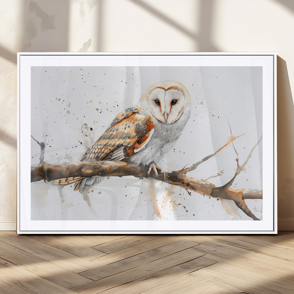 MGC-FP-36x24 - Barn Owl Wall Art on Branch | Stunning Canvas Print for Nature Lovers | Ready to Hang and Framed