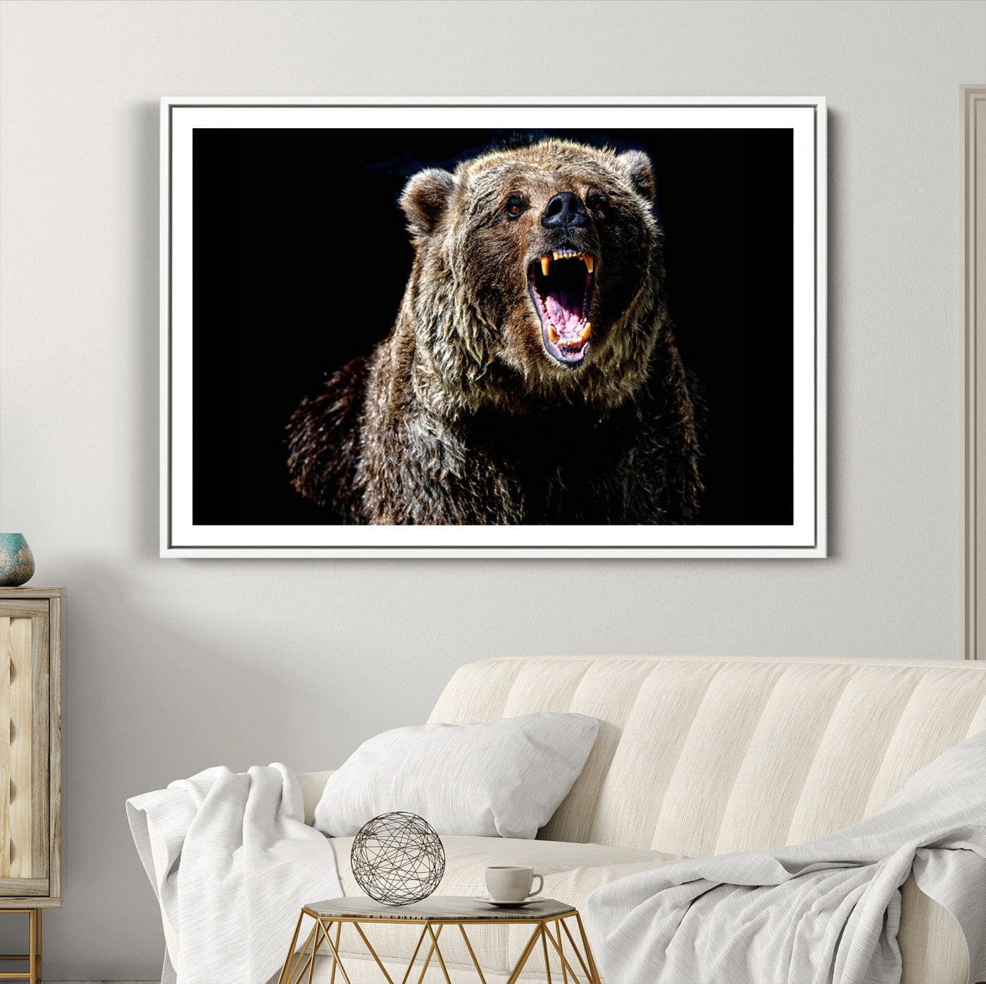 17625-MGC-FP-36x24_White-Grizzly Bear Canvas Print | Wildlife Wall Art for Cabin Decor | Ready to Hang Framed