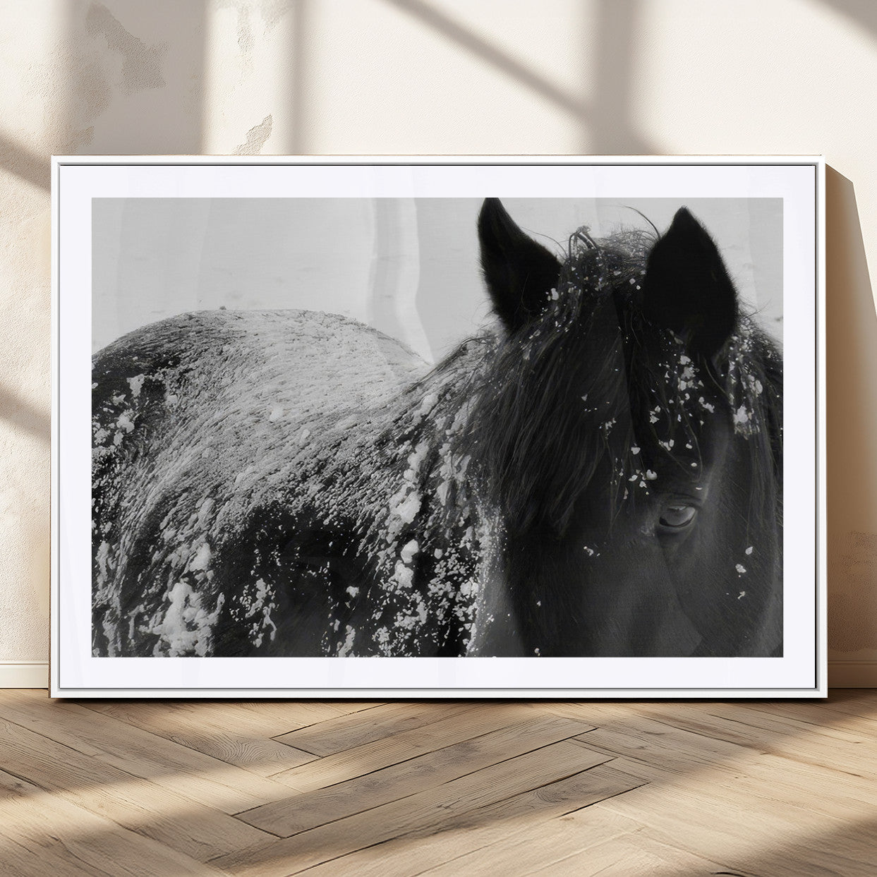 MGC-FP-36x24 - Black Horse in Snow Canvas Print | Winter Horse Wall Art | Ready to Hang and Framed | Farmhouse Wall