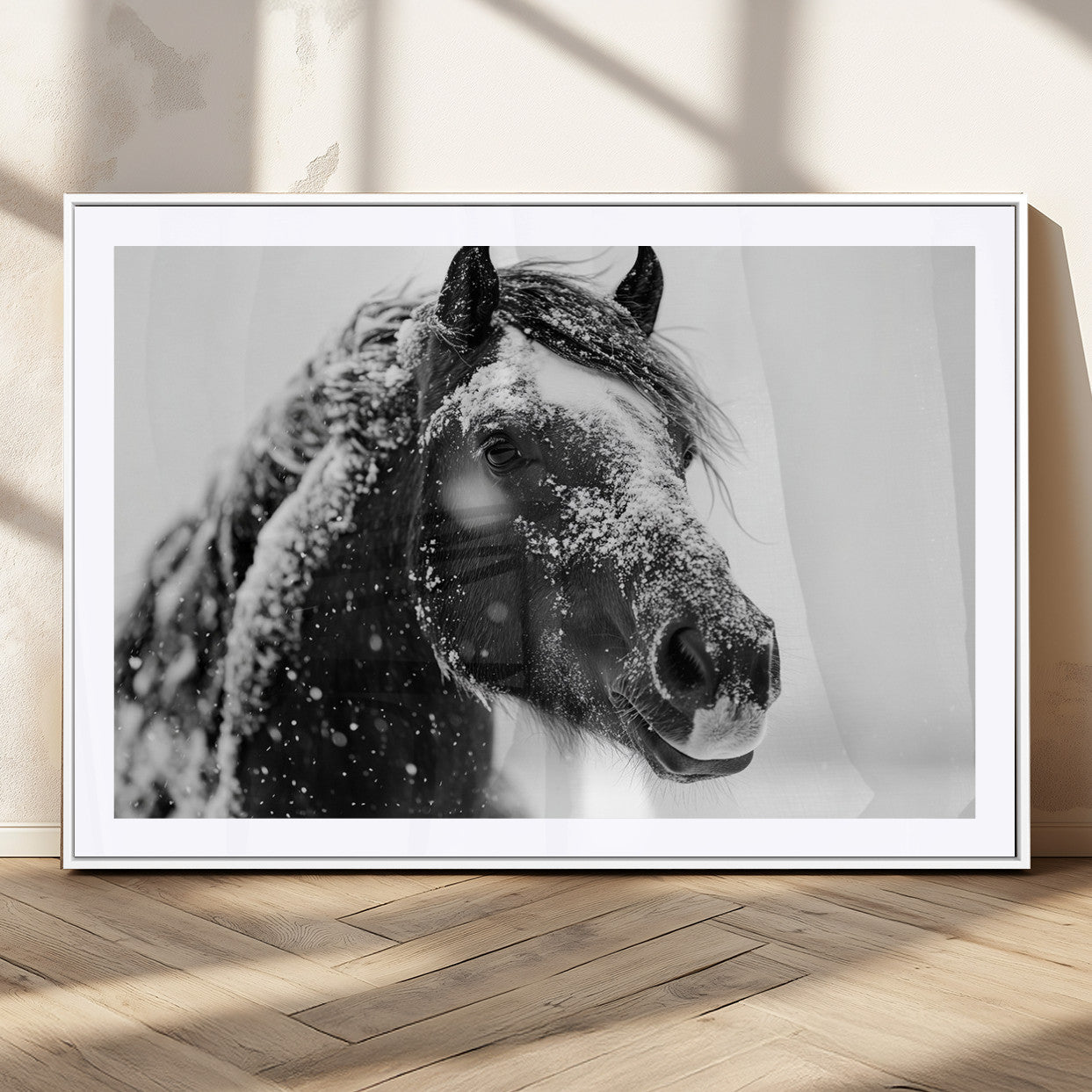 MGC-FP-36x24 - Winter Horse Canvas Print | Large 3-Panel Black White Equine Photography for Rustic Farmhouse Wall