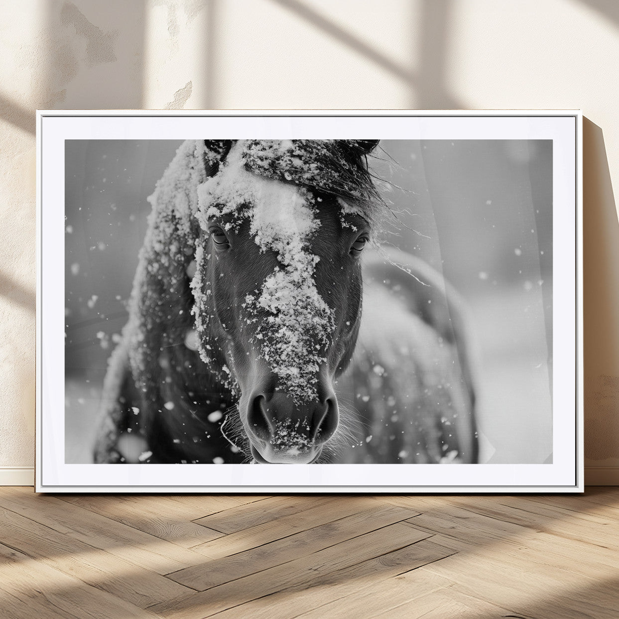 MGC-FP-36x24 - Black and White Horse Winter Wall Art | Ready to Hang and Framed | Farmhouse Wall Decor | Western