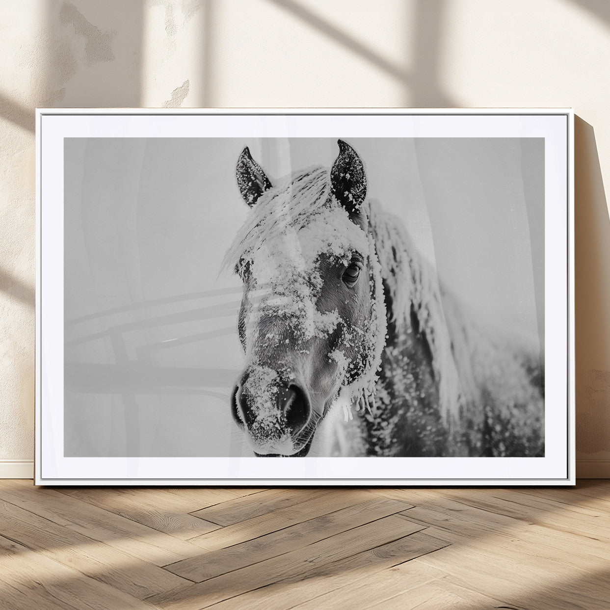 MGC-FP-36x24 - White Horse Wall Art | Ready to Hang and Framed | Winter Horse Wall Art Print for Farmhouse and