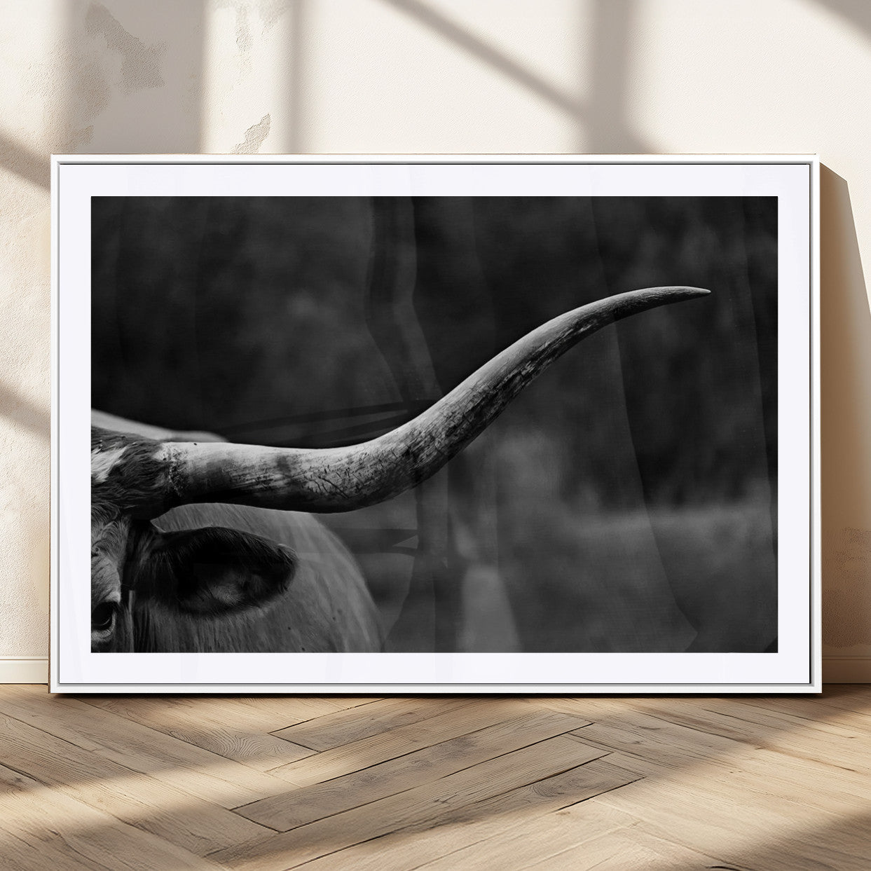 MGC-FP-36x24 - Cow Longhorn Wall Art | Black and White Print | Ready to Hang and Framed | Farmhouse Wall Decor |