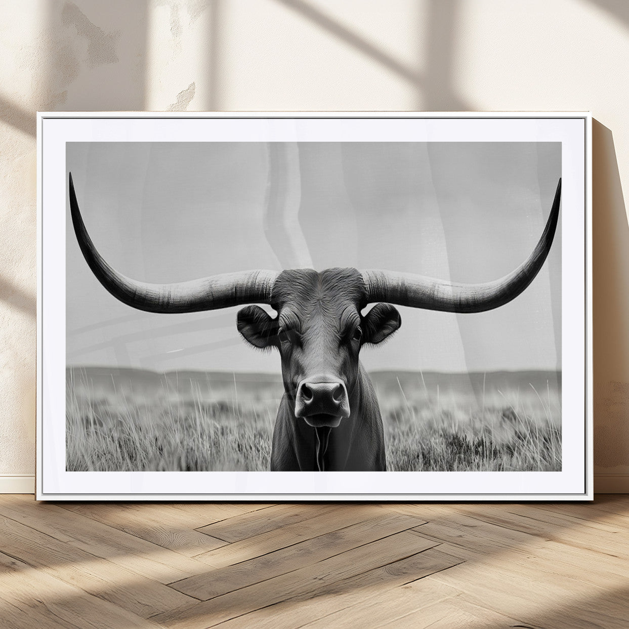 73780-MGC-FP-36x24_White-Longhorn Bull Canvas Print | Rustic Farmhouse Wall Art | Western Decor | Ready to Hang and Framed