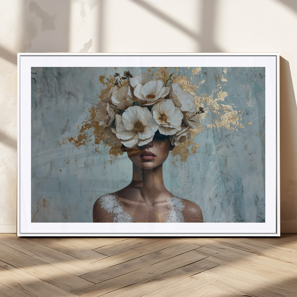 MGC-FP-36x24 - Golden Petal Wall Art - Petal Silhouette Woman Wall Art Canvas Print | Large 3-Panel Canvas with