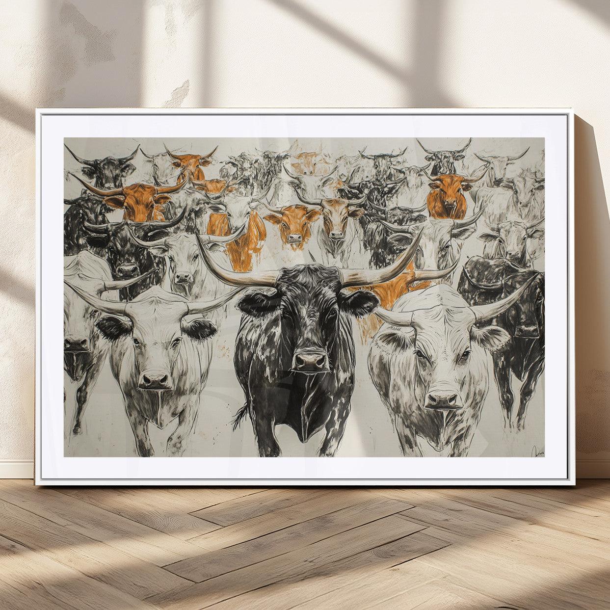 MGC-FP-36x24 - Texas Longhorn Wall Art - Herd Canvas Wall Art Print - Abstract Cow Drawing Wall Art Print for