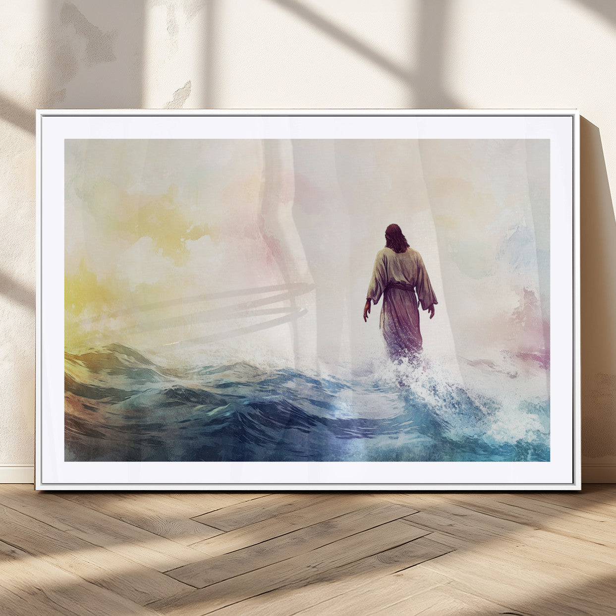 MGC-FP-36x24 - Watercolor Jesus Walking on Water Canvas Print, Christian Wall Art, Jesus Christ Walking