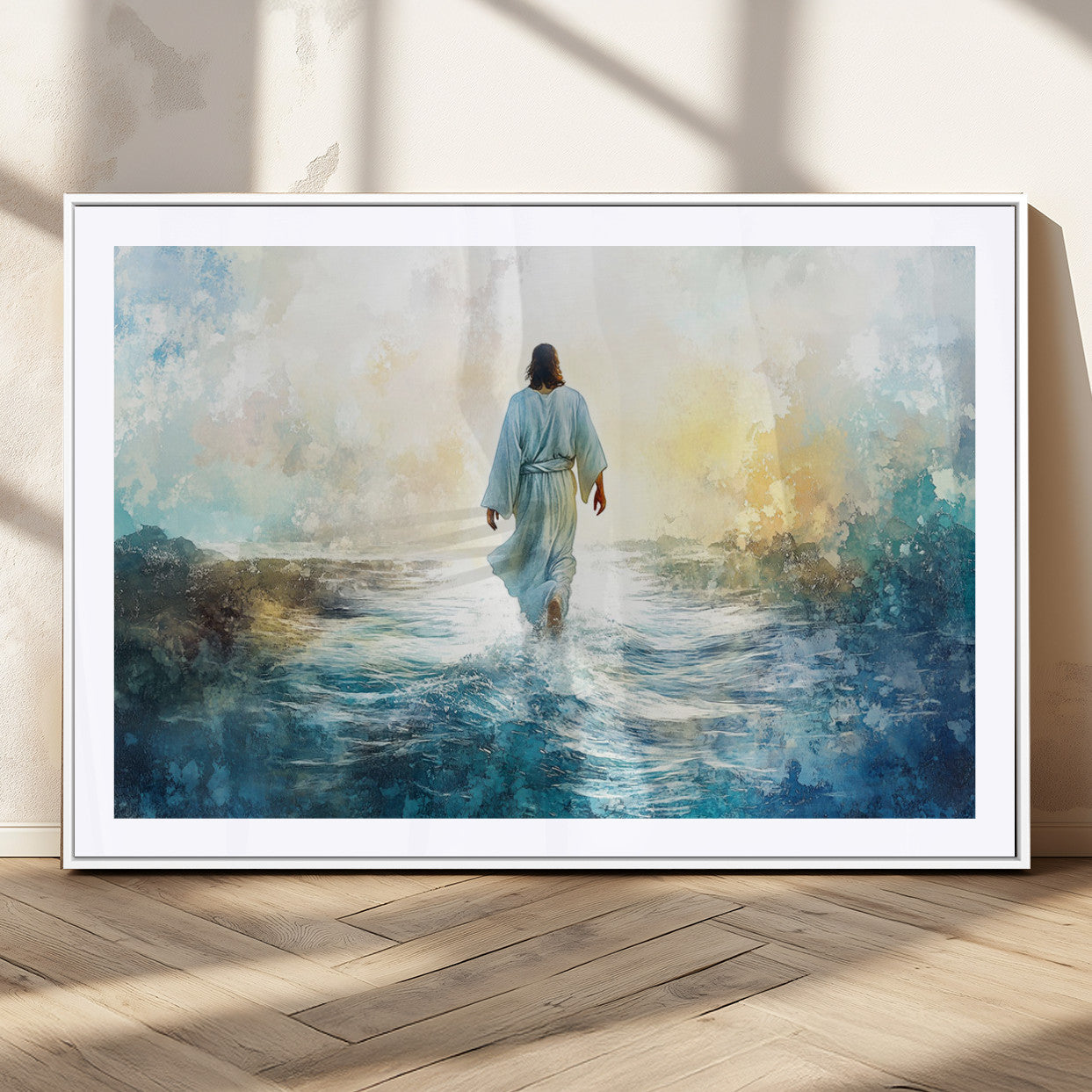 MGC-FP-36x24 - Watercolor Jesus Walking on Water Canvas Print, Christian Wall Art, Jesus Christ Walking
