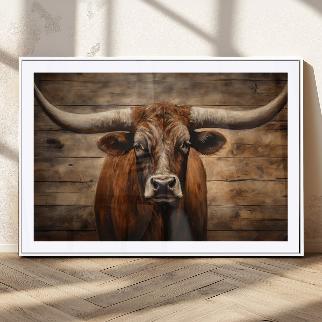 77556-MGC-FP-36x24_White-Longhorn Bull Wall Art | Canvas Print | Ready to Hang | Rustic Farmhouse Wall Decor | Western Barn