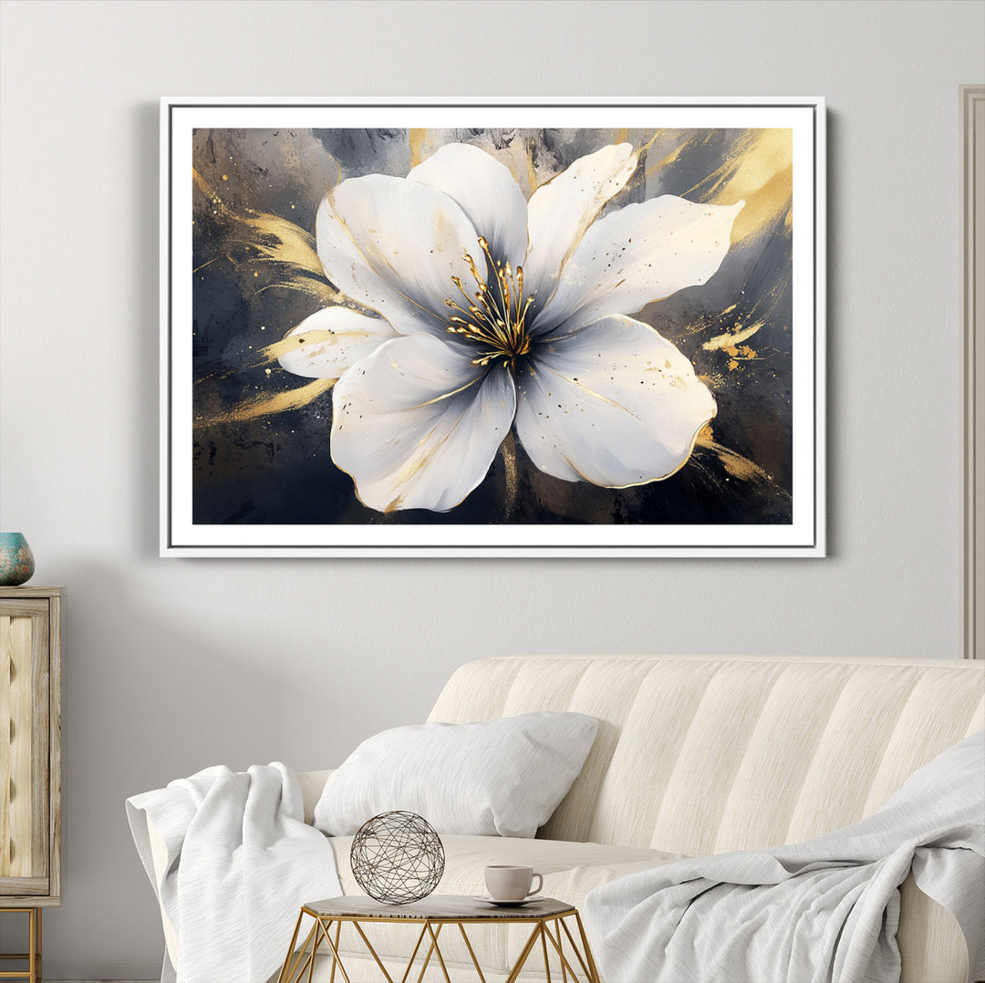 White Flower Wall Art | Canvas Print | Ready to Hang | Abstract Floral Wall Decor | Elegant Bloom Artwork | Framed for Living Room or Bedroom