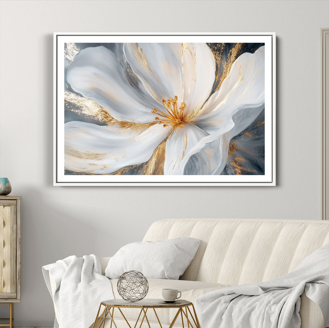 83149-MGC-FP-36x24_White-White and Gold Floral Canvas Wall Art - Framed and Ready to Hang - Perfect for Modern Living Rooms