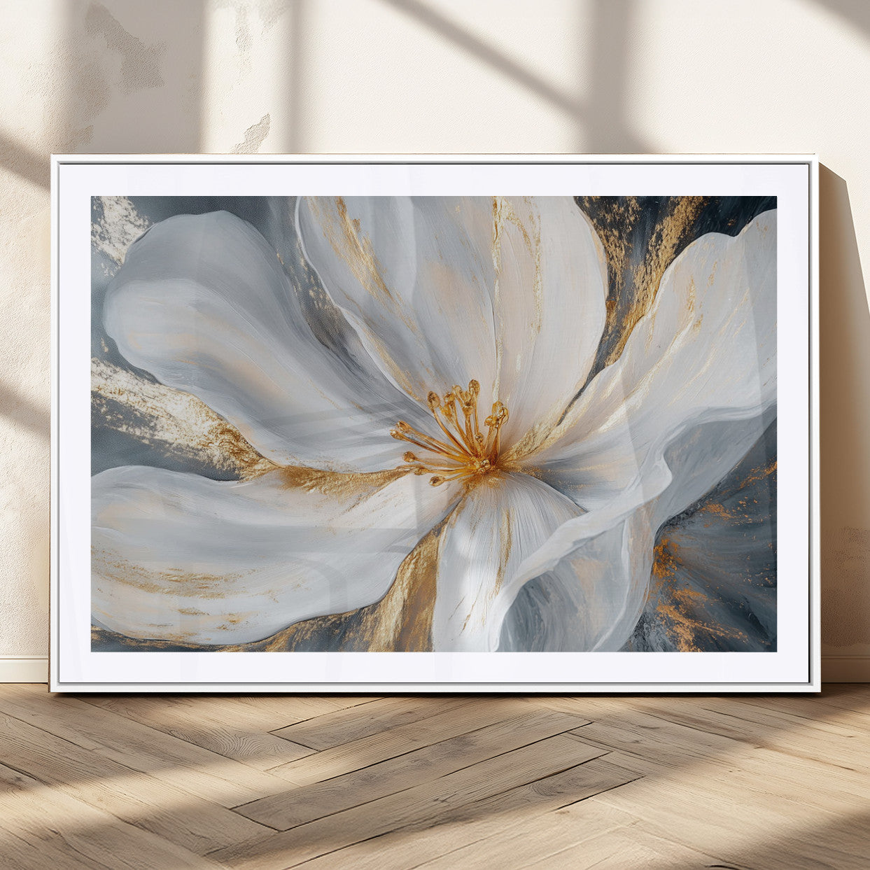 MGC-FP-36x24 - White and Gold Floral Canvas Wall Art - Framed and Ready to Hang - Perfect for Modern Living Rooms