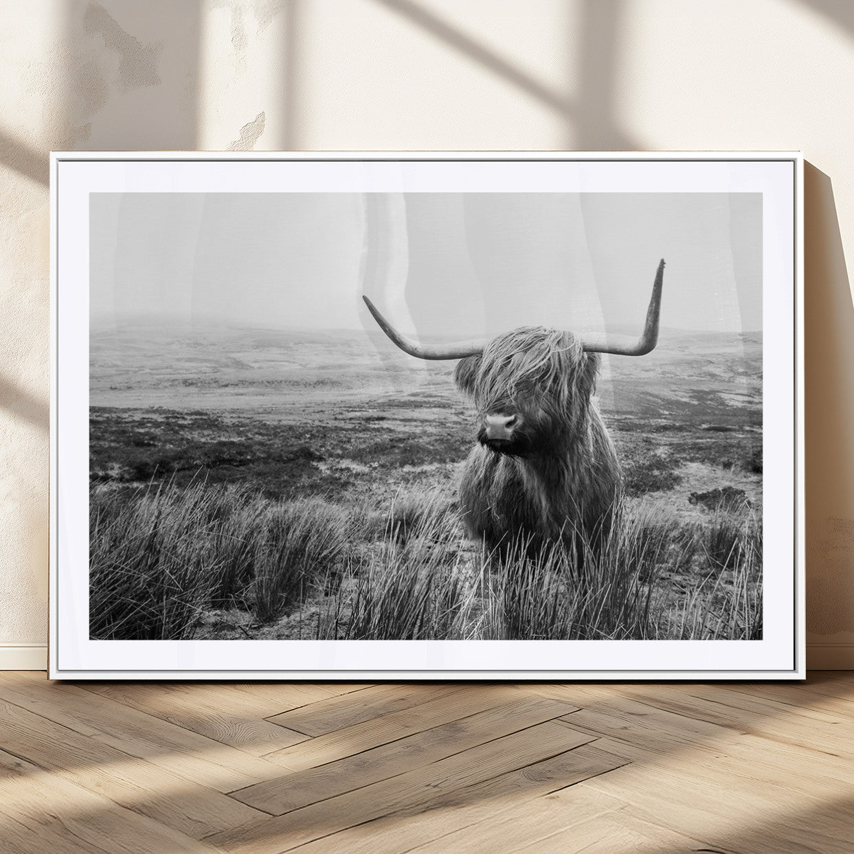 MGC-FP-36x24 - Scottish Highland Cow Wall Art | Black and White Canvas Print | Ready to Hang and Framed | Rustic