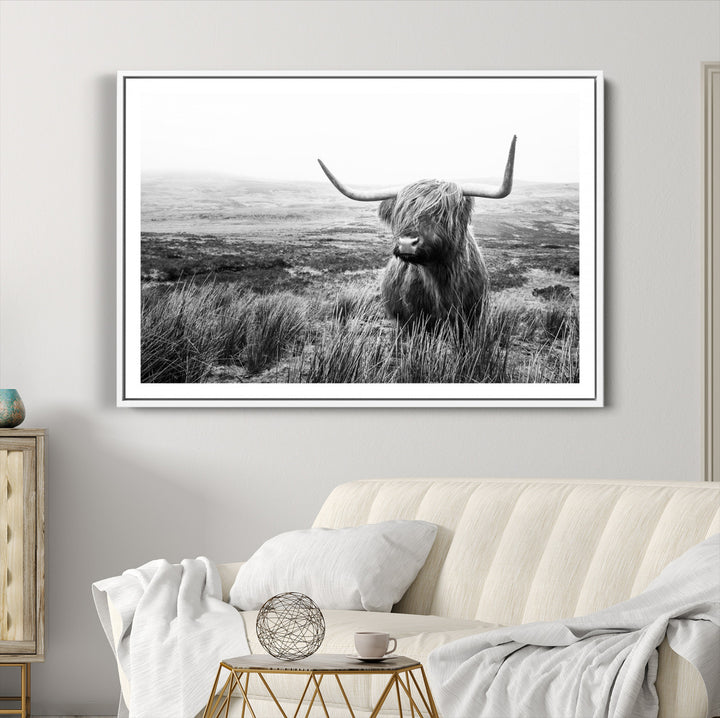 Scottish Highland Cow Wall Art | Black and White Canvas Print | Ready to Hang and Framed | Rustic Farmhouse Wall Decor for Living Room or