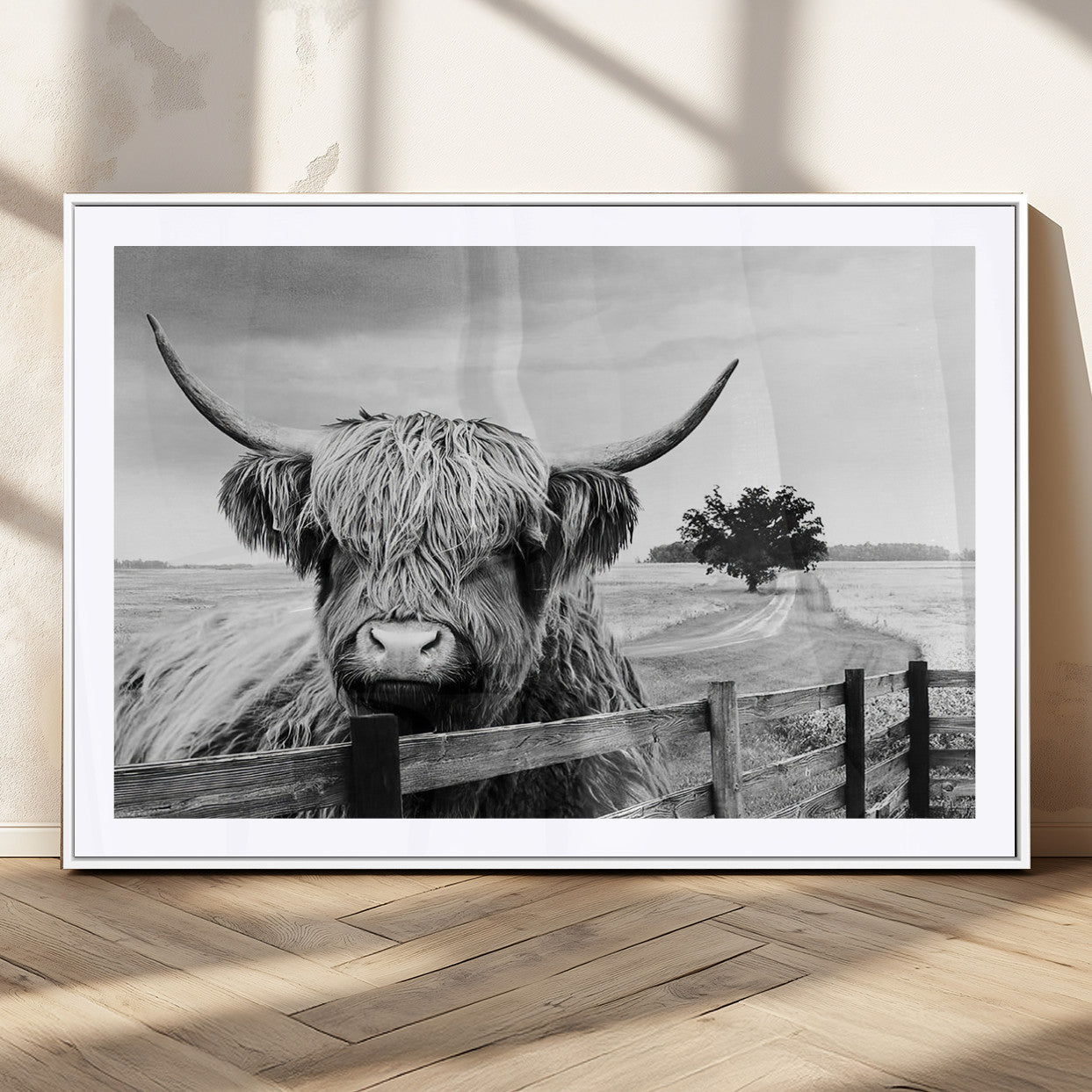 MGC-FP-36x24 - Scottish Highland Cow Wall Art | Rustic Farmhouse Décor | Black and White Ready to Hang Canvas Print