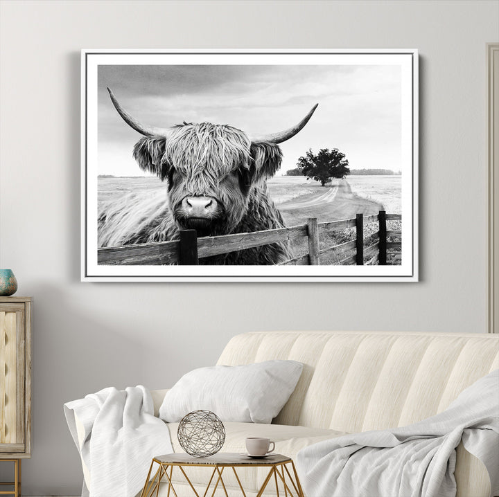 Scottish Highland Cow Wall Art | Rustic Farmhouse Décor | Black and White Ready to Hang Canvas Print