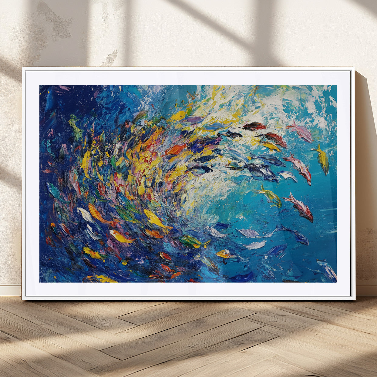 MGC-FP-36x24 - Colorful Swirling Fish School Wall Art Canvas Print | Oceanic Abstract Painting | Ready to Hang |