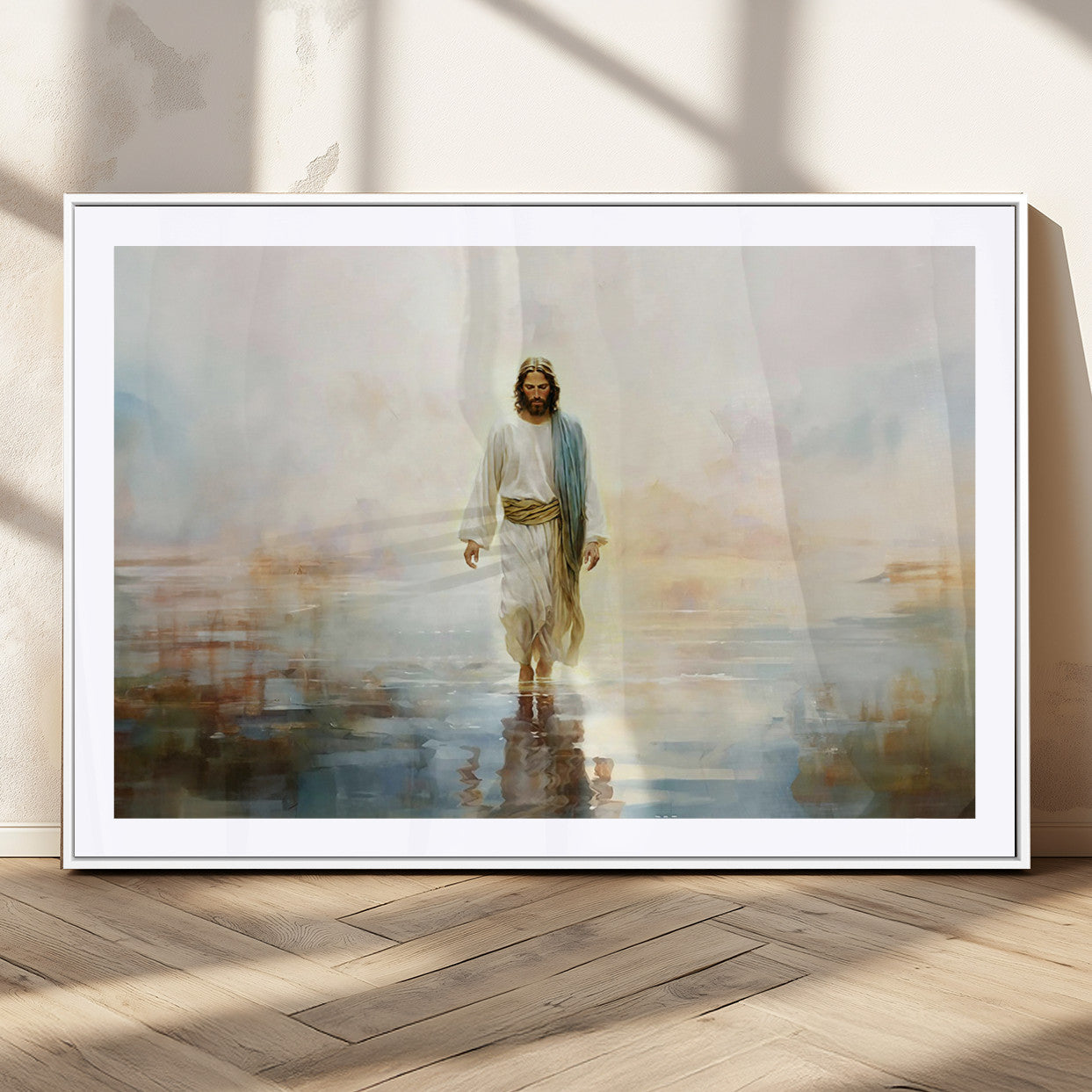MGC-FP-36x24 - Framed Jesus Walking on Water Wall Art - 3-Panel Christian Canvas Prints, Religious Artwork for