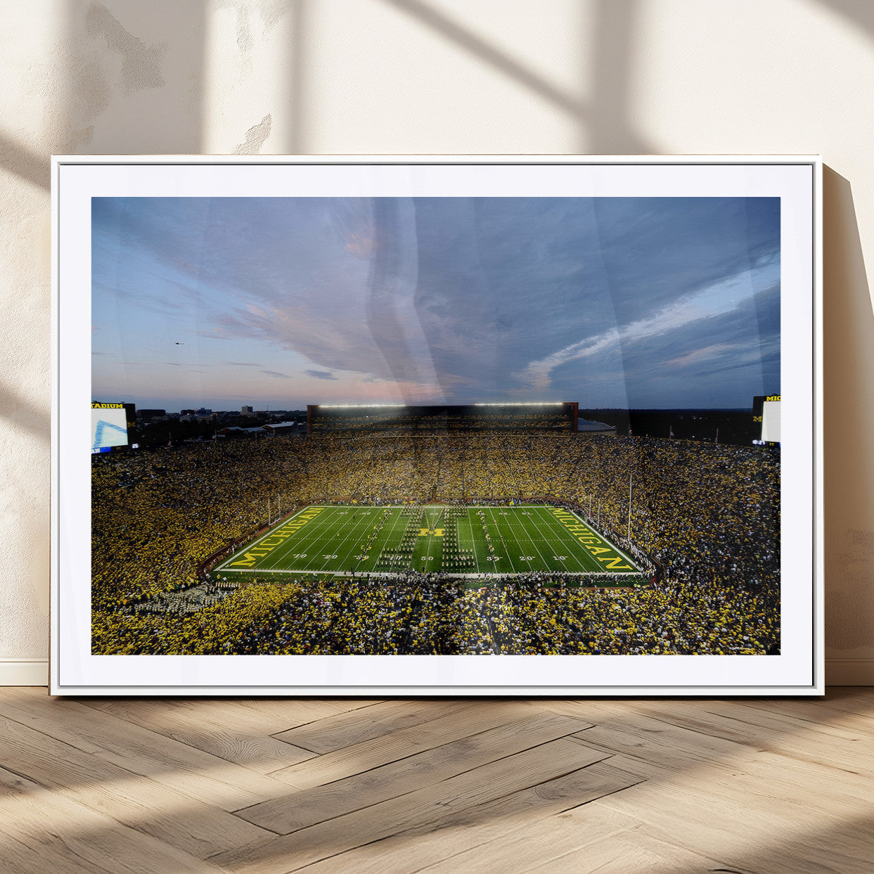 82641-MGC-FP-36x24 - Michigan Stadium Wall Art Canvas Print, Vibrant Game Day Crowd and Sunset Sky Football Field Artwork for Home, Office