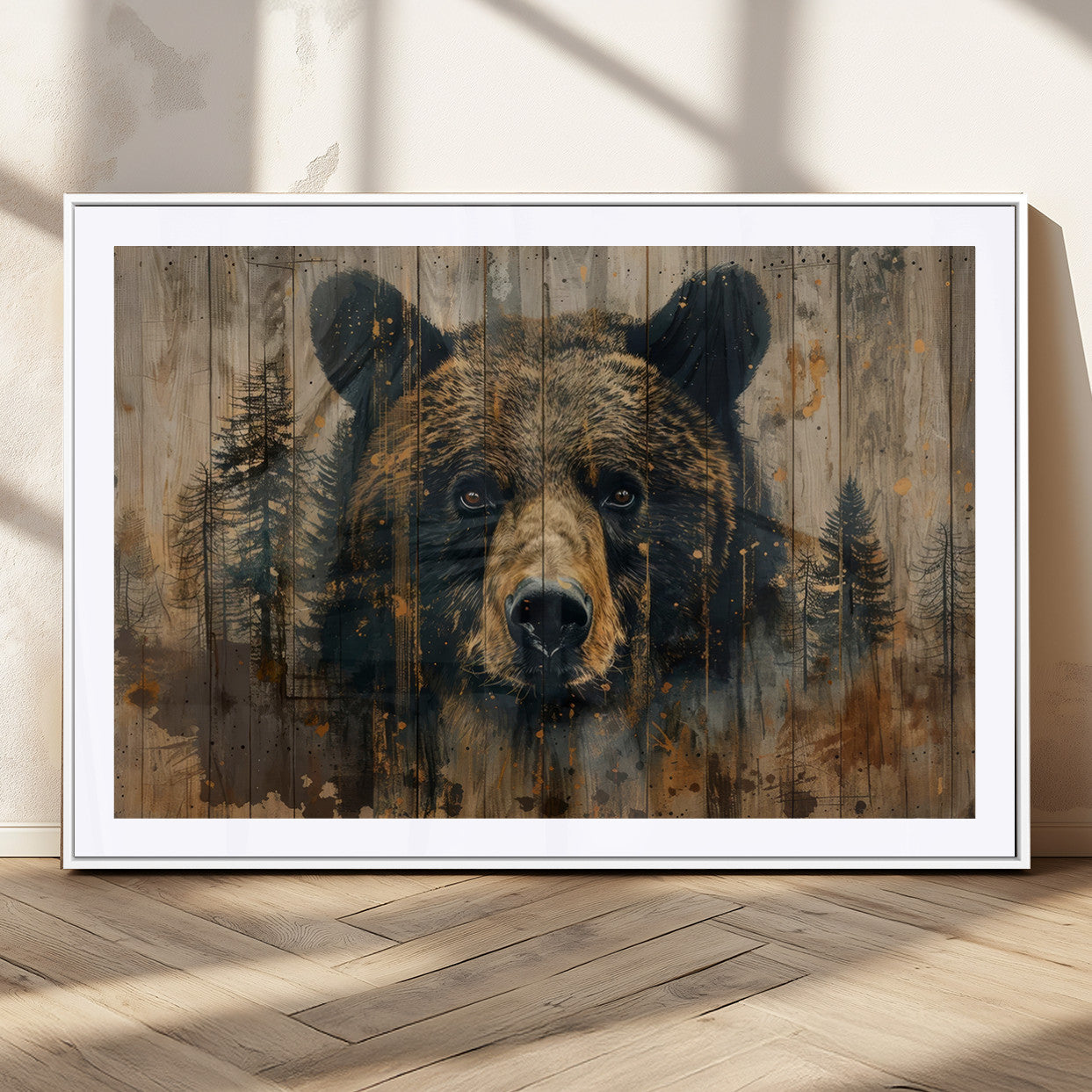 MGC-FP-36x24 - Abstract 399 Bear Wall Art | Rustic Cabin Wall Decor with Forest Design | Framed and Ready to Hang |