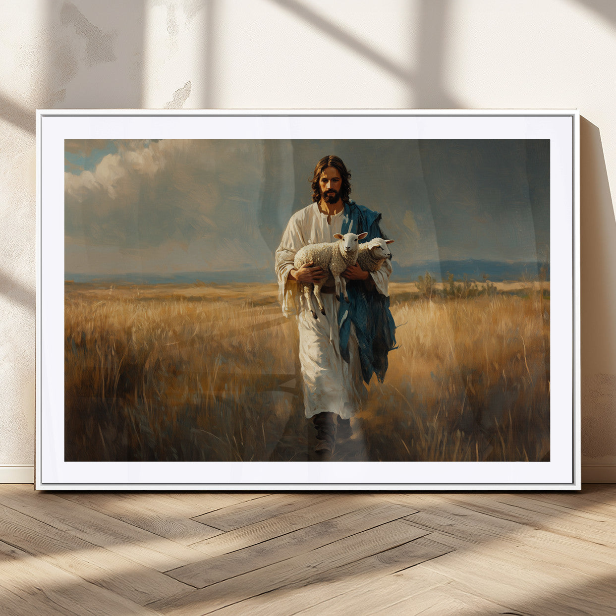 MGC-FP-36x24 - Jesus Shepherd Wall Art | Ready to Hang Triptych Canvas of Jesus Holding a Lamb in a Field |
