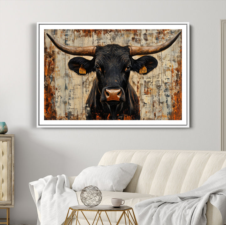 Rustic Texas Artwork Wall Art Canvas Print - Abstract Cow Longhorn Bull Wall Art Canvas Print