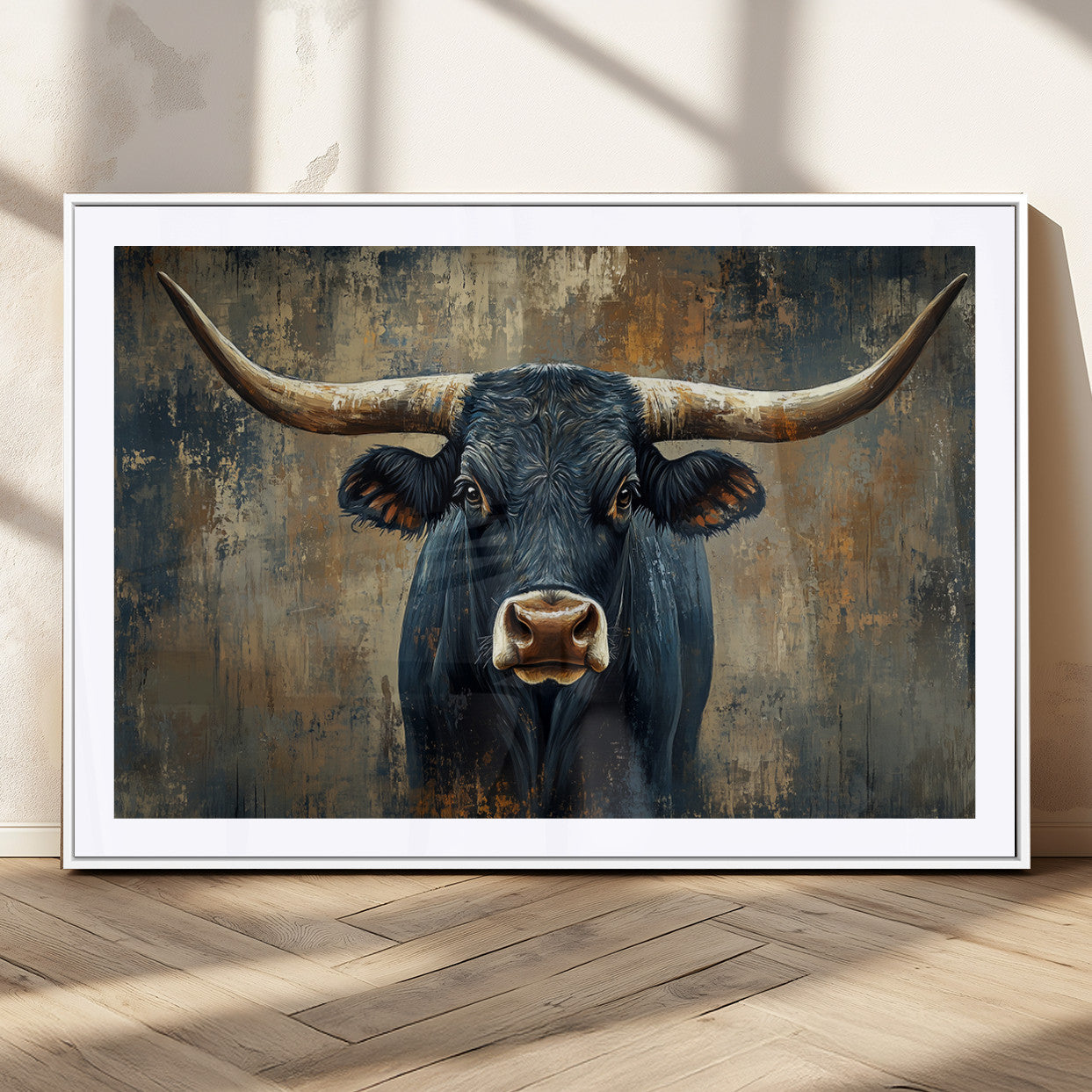 MGC-FP-36x24 - Texas Western Wall Art Canvas Print - Abstract Cow Longhorn Bull Wall Art Canvas Print - Rustic Cow