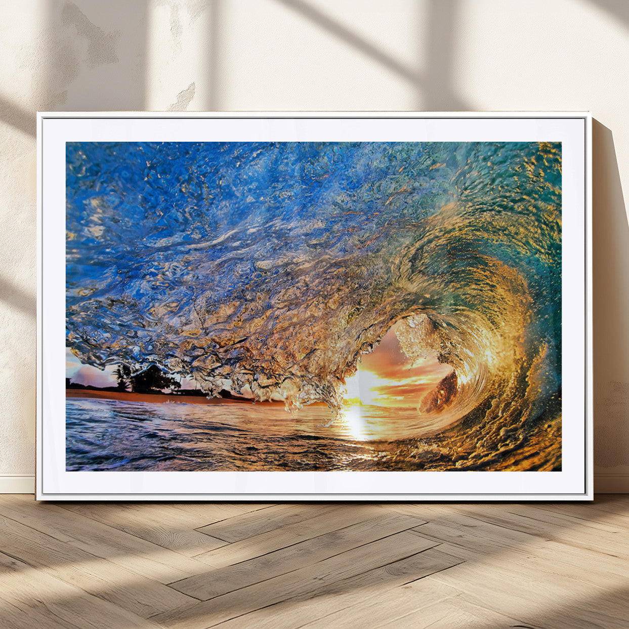 MGC-FP-36x24 - Ocean Wave at Sunset Canvas Wall Art – Vibrant Coastal Beach Waves Print, Large Nautical Decor,