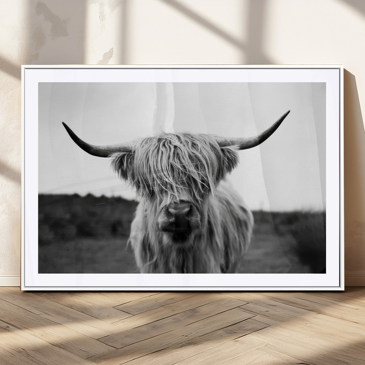 MGC-FP-36x24 - Highland Cow Wall Art | Black and White Farmhouse Decor | Triptych Canvas Print | Rustic Barn Decor