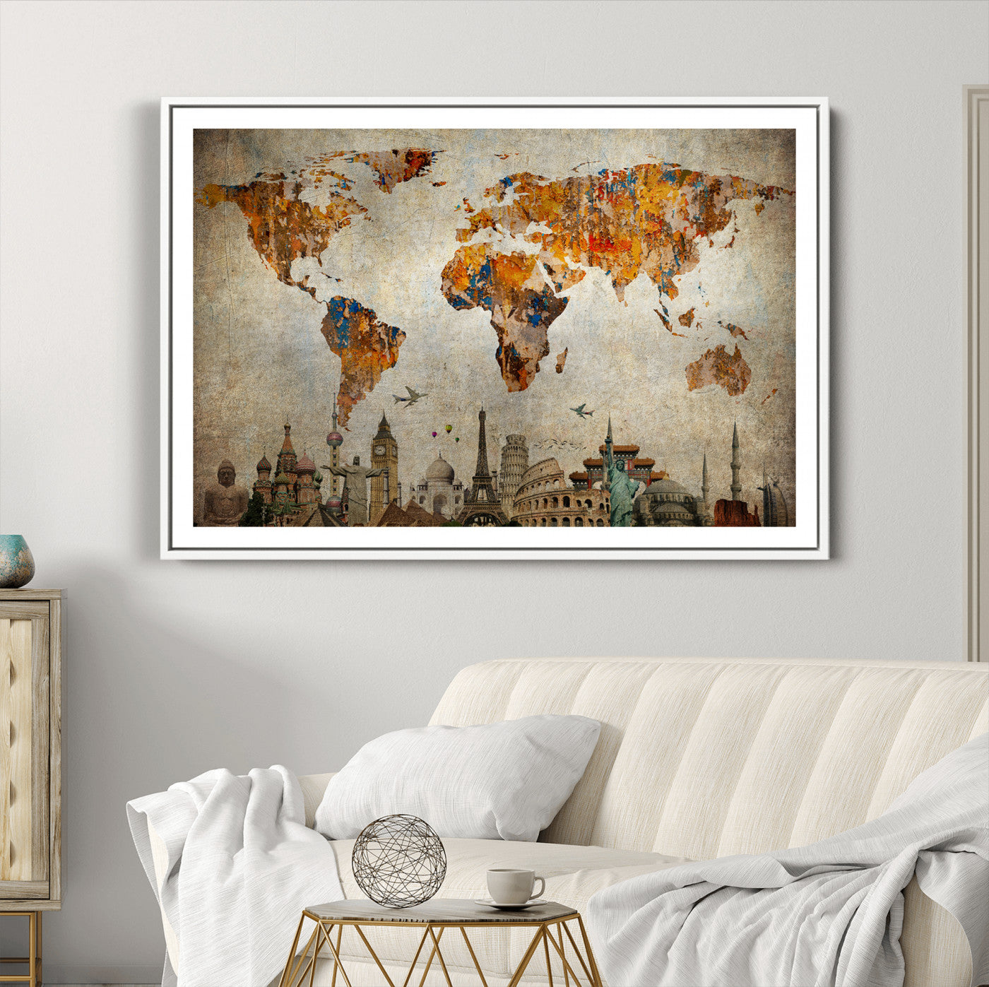 54918-MGC-FP-36x24_White-Push Pin World Map Canvas Print – Framed Wall Art for Couples to Track Their Travels – Anniversary Gift or Home Adventure Decor
