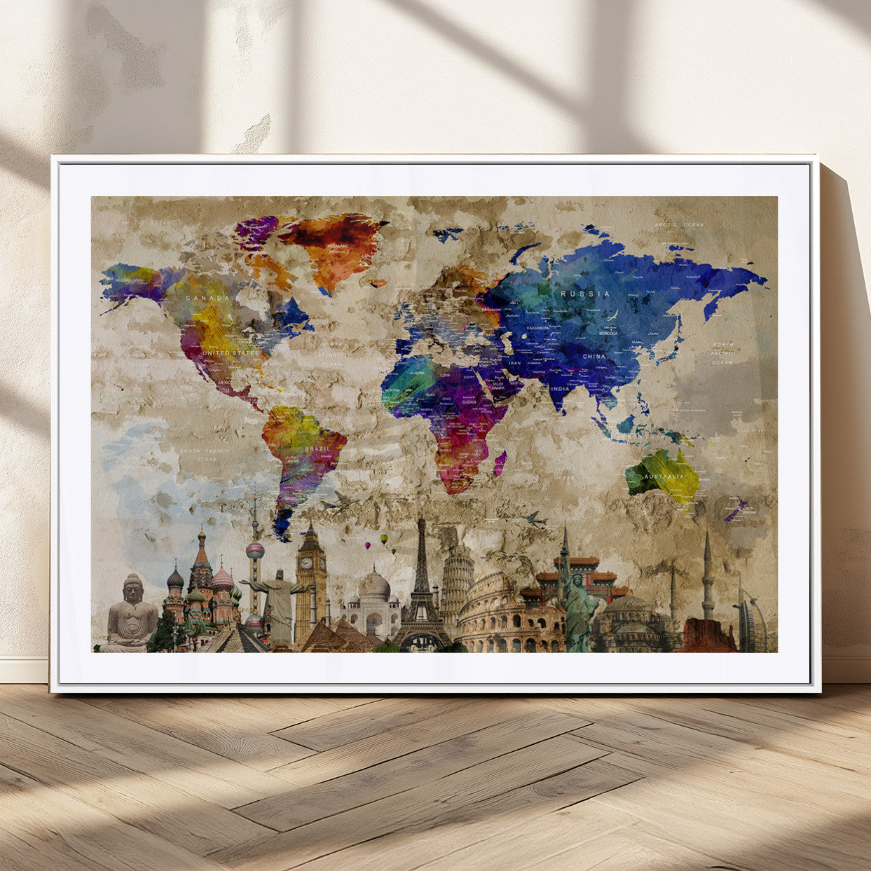 MGC-FP-36x24 - Push Pin World Map Canvas Print – Framed Wall Art for Couples to Track Their Travels – Anniversary