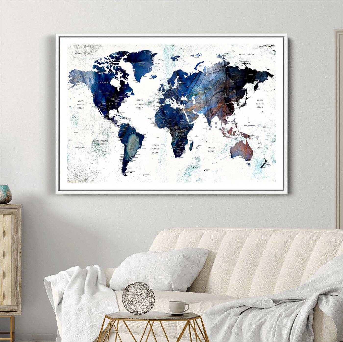 27071-MGC-FP-36x24_White-Push Pin World Map Canvas Print – Framed Wall Art for Couples to Track Their Travels – Anniversary Gift or Home Adventure Decor