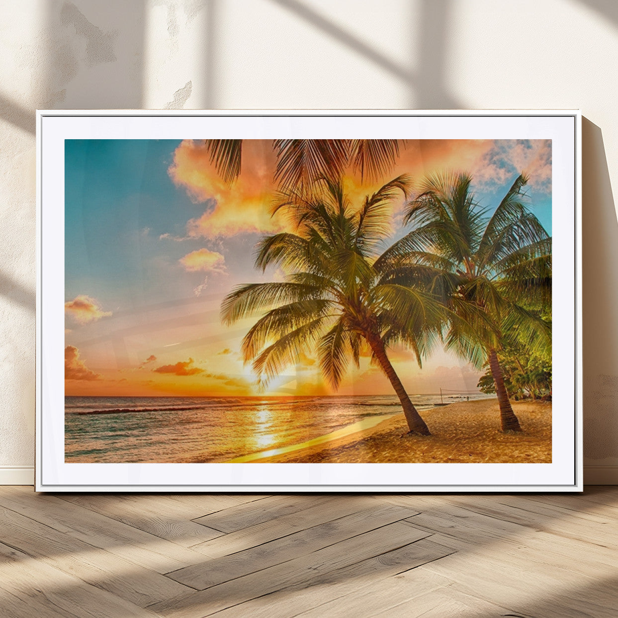 MGC-FP-36x24 - Tropical Sunset Beach Canvas Wall Art Print – Vibrant Palm Trees and Coastal Sunset Wall Decor for
