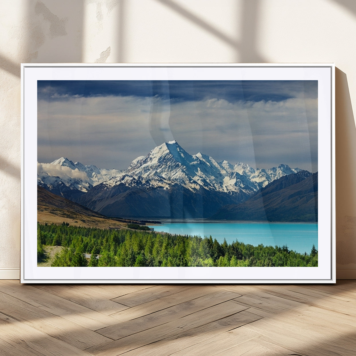 MGC-FP-36x24 - Mount Cook and Lake Pukaki Canvas Wall Art Print – Majestic Snow-Capped Peaks and Serene Lake Wall