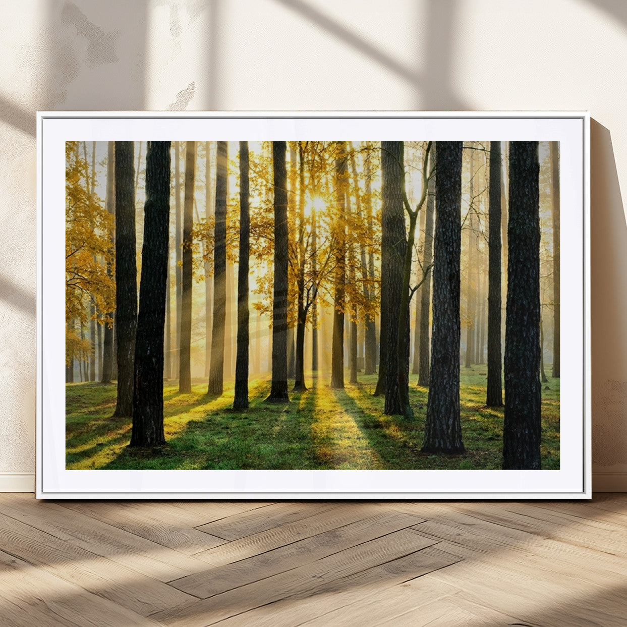 MGC-FP-36x24 - Sunlit Forest Canvas Wall Art – Serene Woodland Triptych Landscape Print – Nature-Inspired Decor for