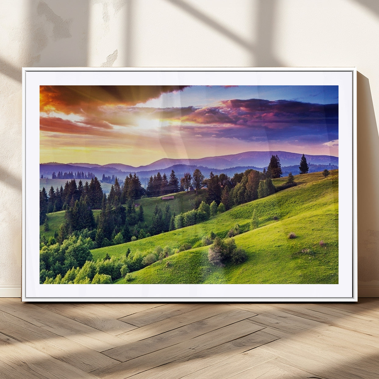 MGC-FP-36x24 - Green Hills and Sunset Wall Art Print - Scenic Landscape with Lush Greenery and Vibrant Sky, Ready