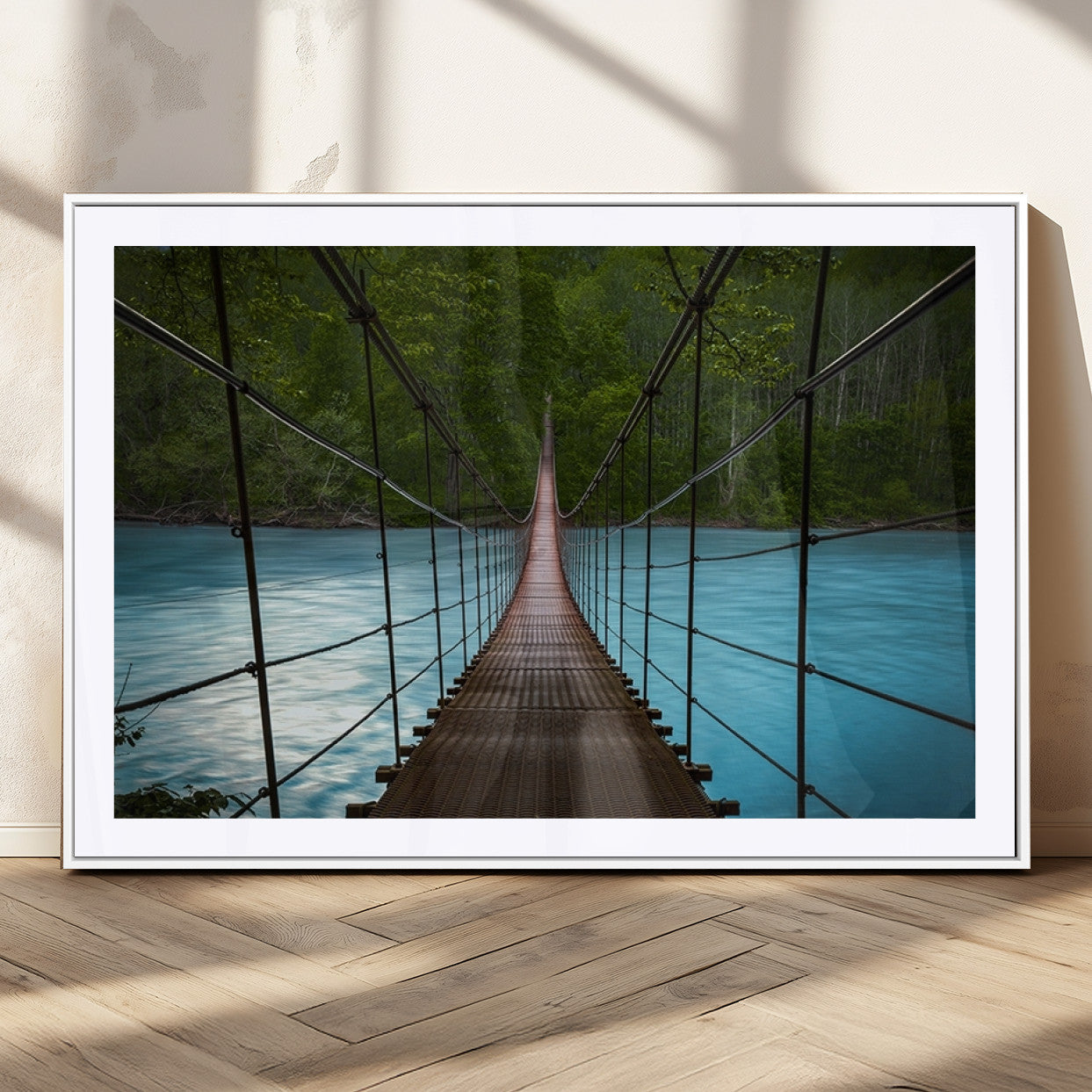 70229-MGC-FP-36x24_White-Suspension Bridge Over River Canvas Art | 3-Panel Nature Photography | Scenic Wall Art for Living