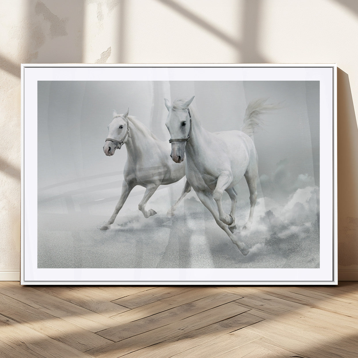 MGC-FP-36x24 - Large Wall Art Animal Canvas Print - Beautiful Running White Horses