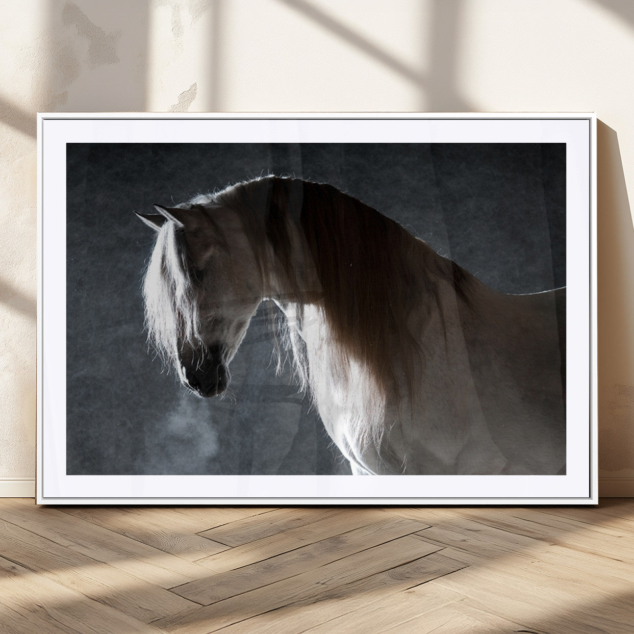 MGC-FP-36x24 - Large Wall Art Cream Colored Horse on Grey Background Canvas Print