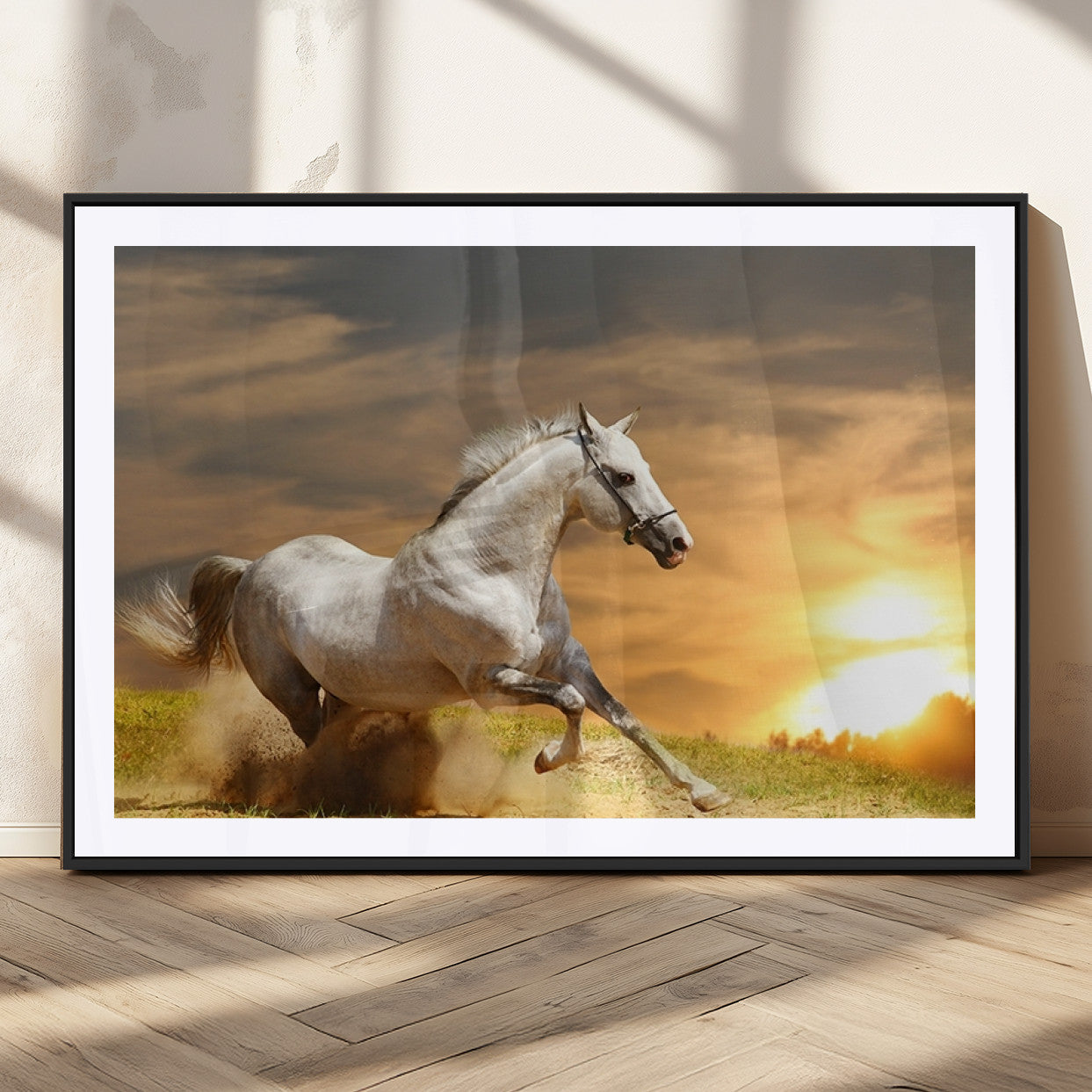 MGC-FP-36x24 - Large Wall Art Galloping White Horse at Sunset Canvas Print