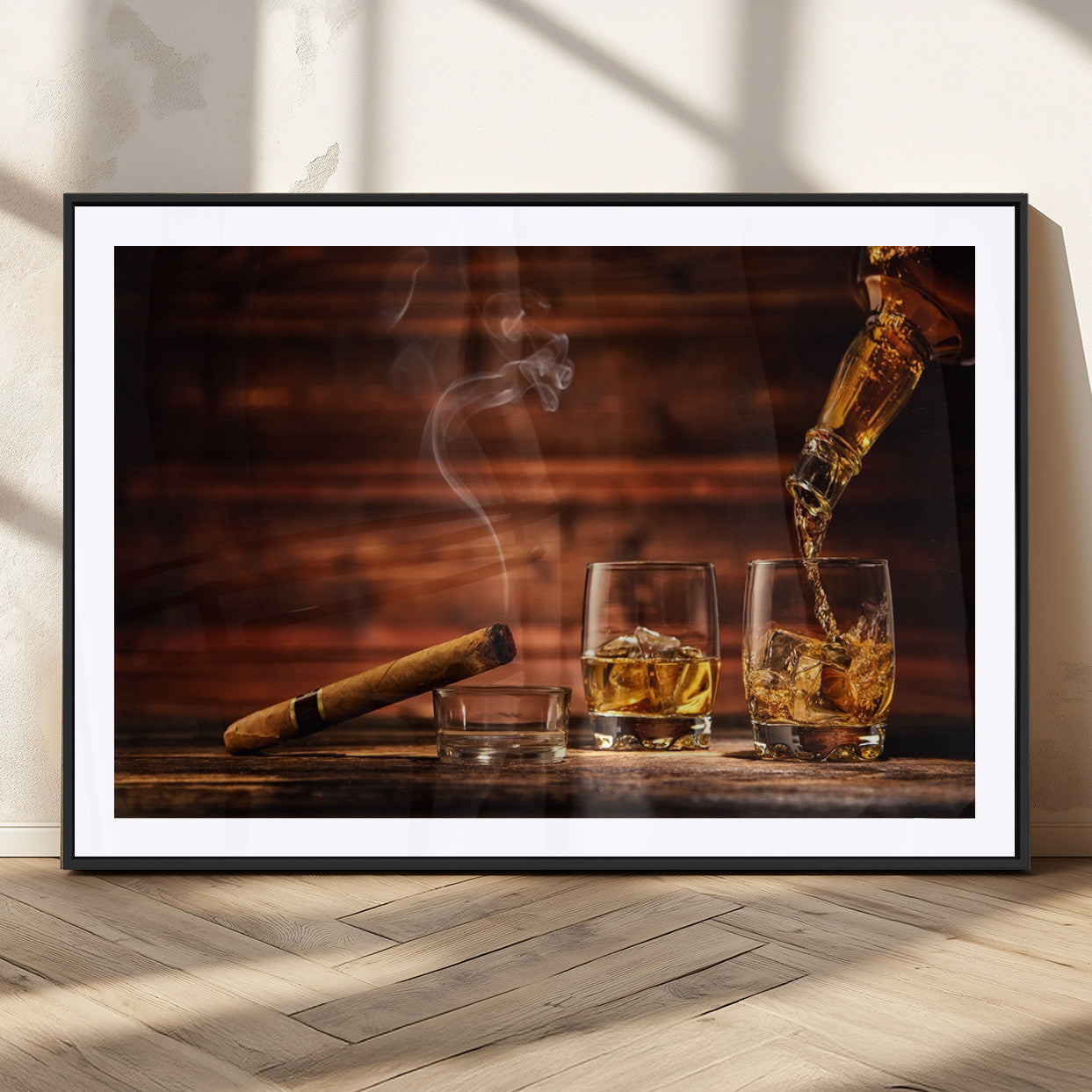 MGC-FP-36x24 - Whiskey and Cigar Wall Art Canvas | 3 Panel Bar Room Decor for Home Lounge, Office, or Man Cave |