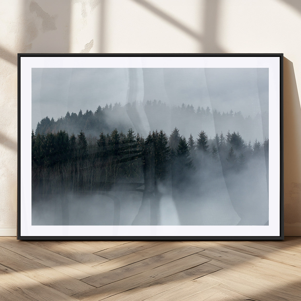 MGC-FP-36x24 - Autumn and Misty Trees in the Forest Wall Art Canvas Print, Foggy Forest Mountain Wall Art Canvas