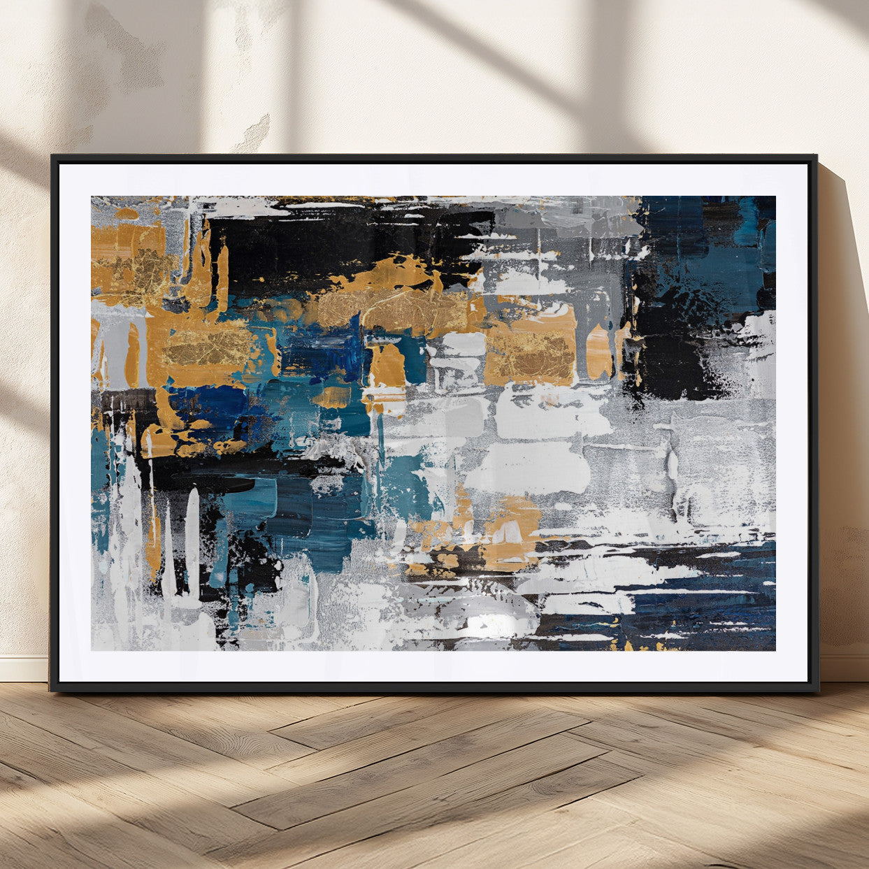 57708-MGC-FP-36x24_Black-Blue and Gold Abstract Canvas Wall Art – Triptych Modern Painting for Living Room – Framed and Ready to Hang