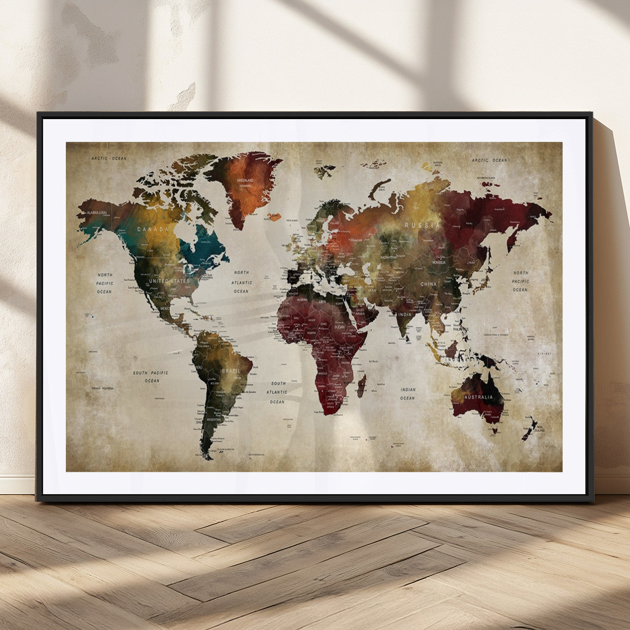 MGC-FP-36x24 - Large World Map Wall Art Canvas Print, Framed Push Pin Map Art Picture Print, Abstract Traveller Map Perfect Modern Decor Artwork