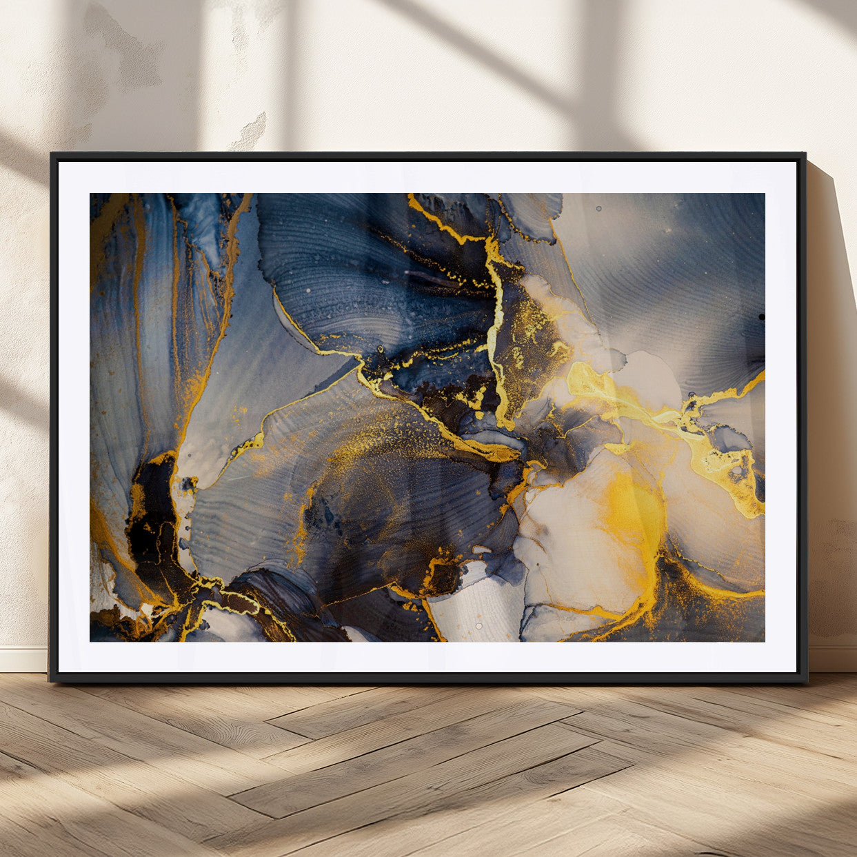 42100-MGC-FP-36x24_Black-Large Abstract Wall Art Print - Gold and Blue Abstract Canvas Wall Art | Fluid Ink Modern Luxury Wall Decor for Living Room Decor