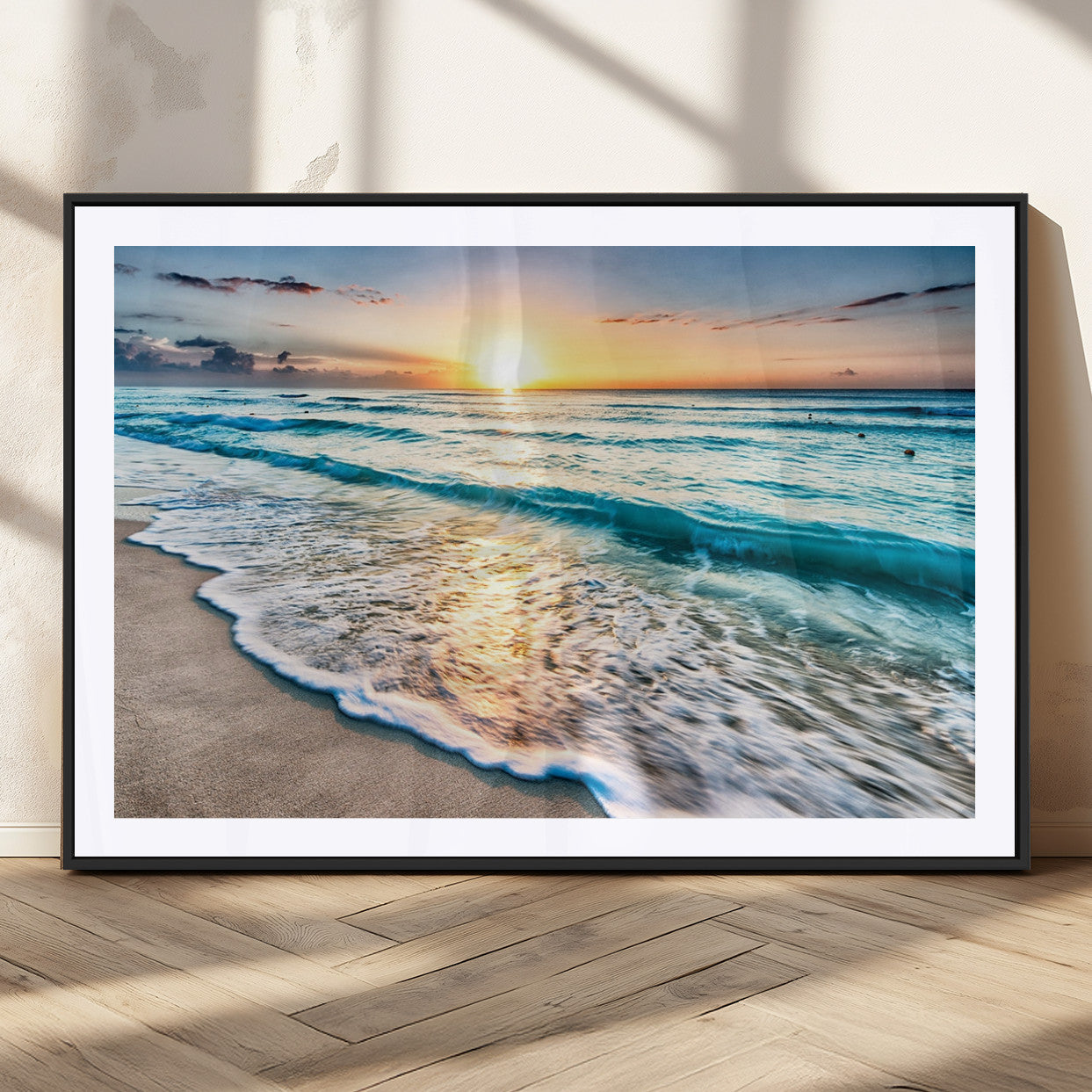 MGC-FP-36x24 - Sunset Beach Waves Canvas Wall Art – 5-Panel Ocean Sunset Print – Coastal Decor for Living Room or