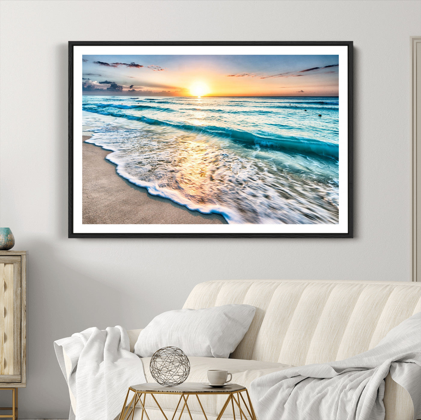 27815-MGC-FP-36x24_Black-Sunset Beach Waves Canvas Wall Art – 5-Panel Ocean Sunset Print – Coastal Decor for Living Room or Bedroom – Ready to Hang