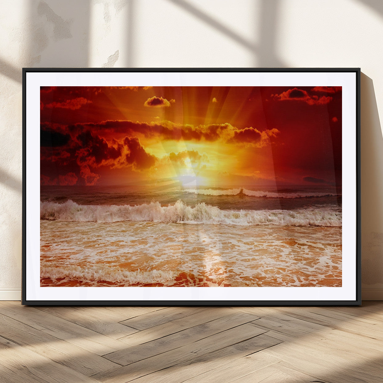 MGC-FP-36x24 - Red Sunset Ocean Beach Canvas Wall Art Beach Canvas, Coastal Sunset Print