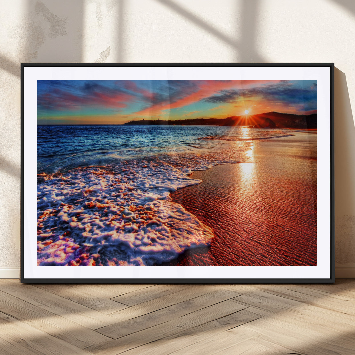 MGC-FP-36x24 - Colorful Coastal Sunset on the Beach Canvas Print, Ocean Waves Crashing at Dusk, Multi-Panel