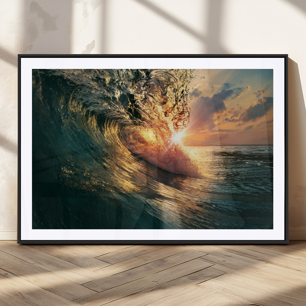 MGC-FP-36x24 - Ocean Wave Sunset Canvas Wall Art – Triptych Seascape Print – Framed and Ready to Hang for Living